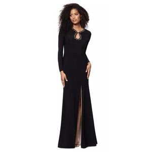 XSCAPE Women's Black Embellished Keyhole-Neck Long-Sleeve Gown‎ Size 6